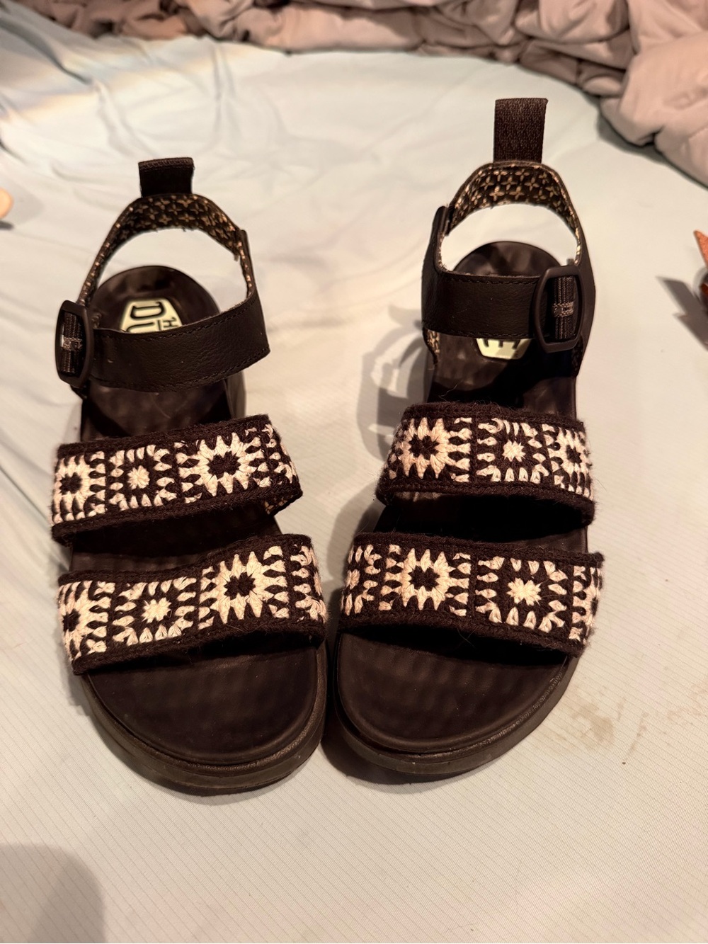 Hey Dude Black and White Platform Sandals with Embroidered Straps